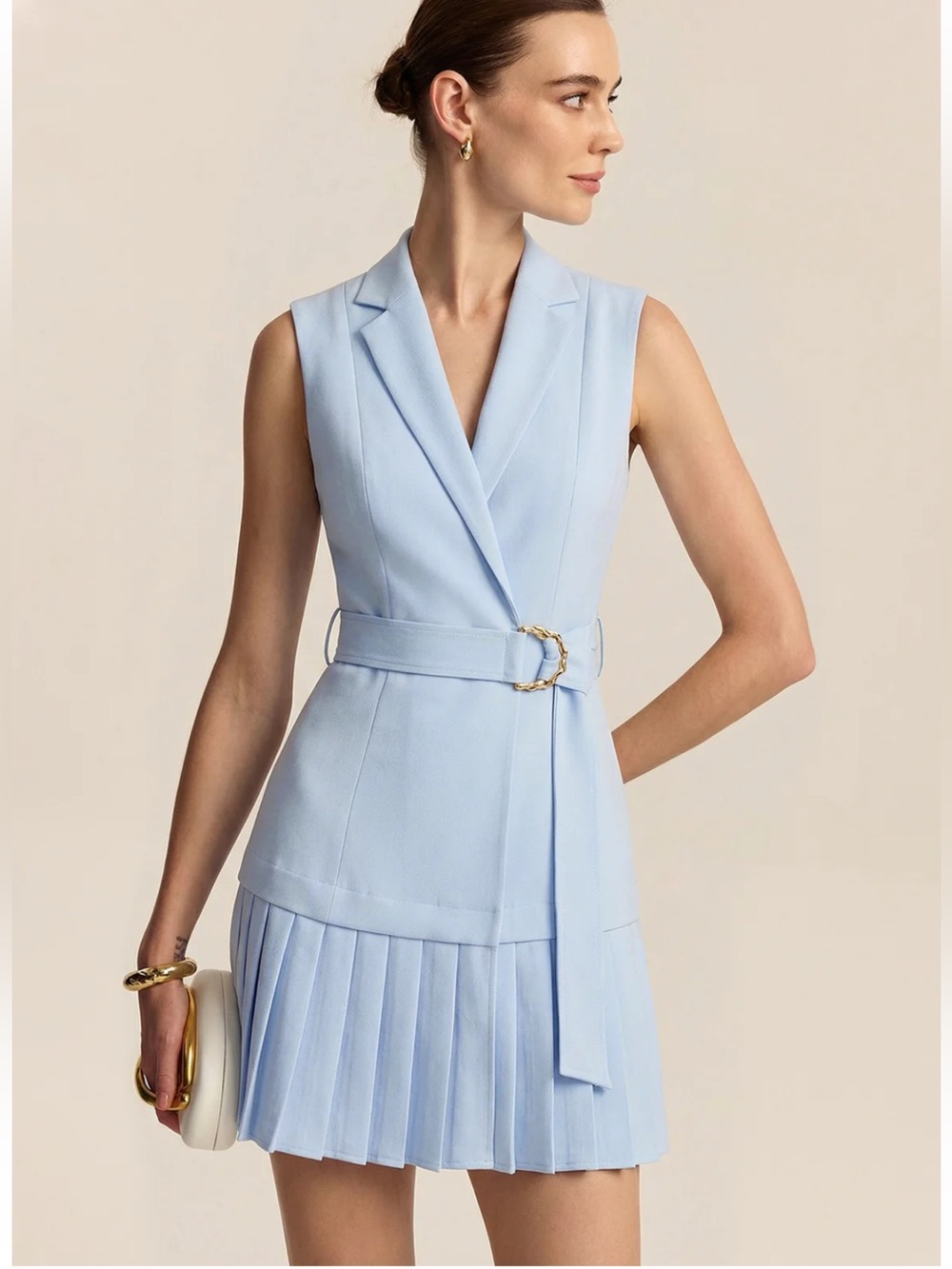 Commense Sky Blue Sleeveless Belted Pleated Mini Dress